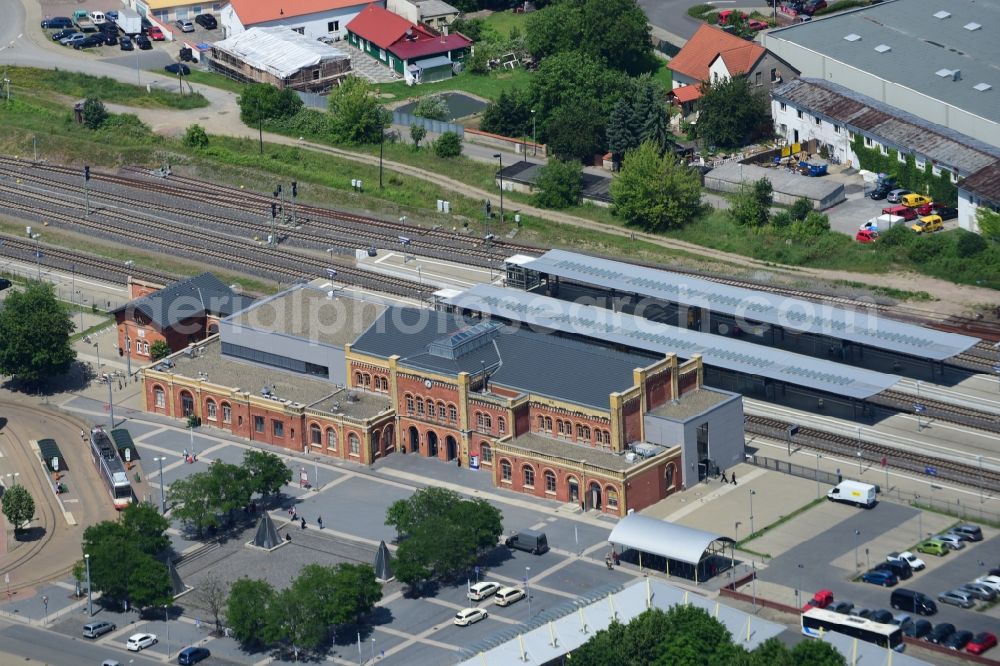 Aerial image Halberstadt - Track progress and building of the main station of the railway in Halberstadt in the state Saxony-Anhalt