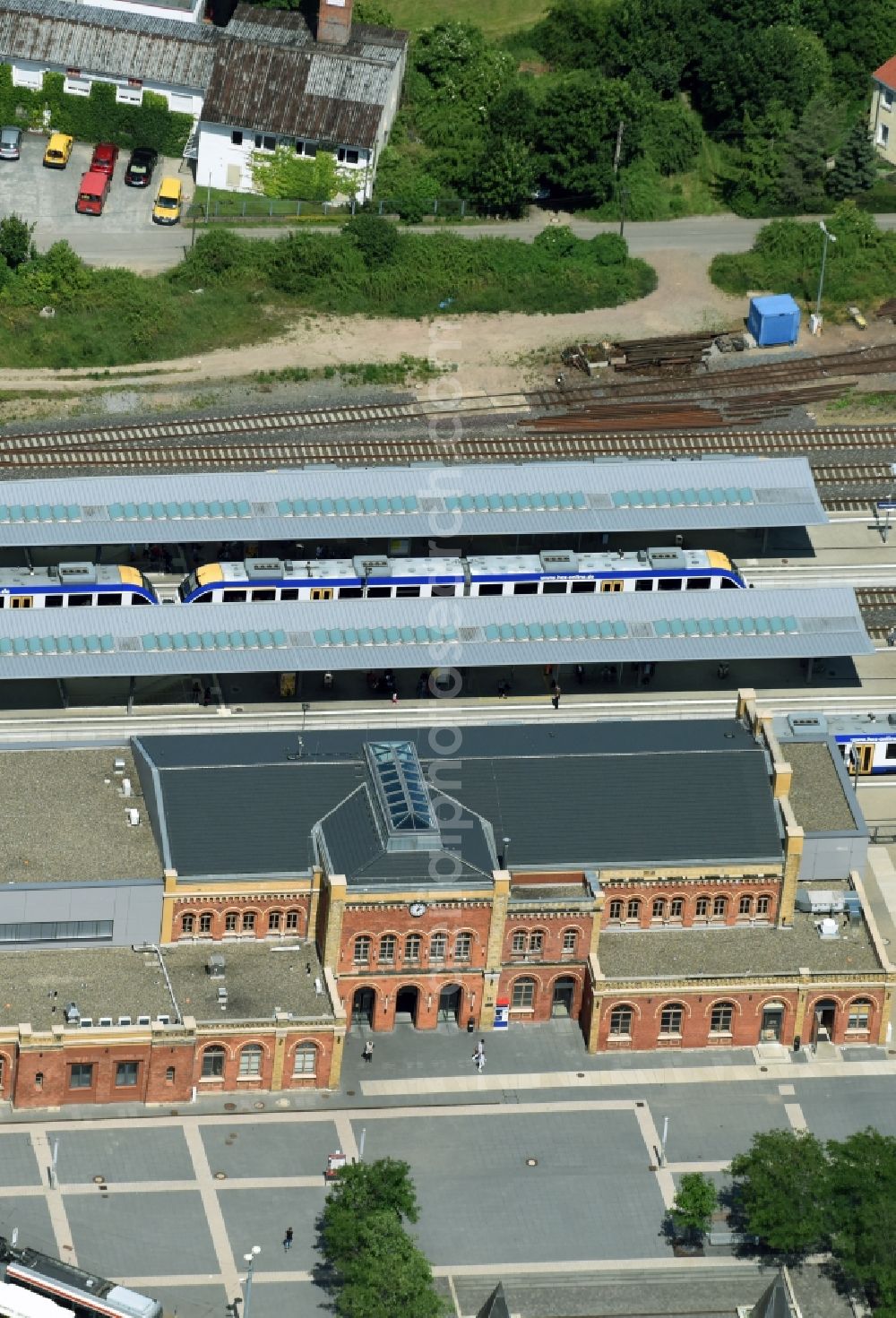 Halberstadt from above - Track progress and building of the main station of the railway in Halberstadt in the state Saxony-Anhalt