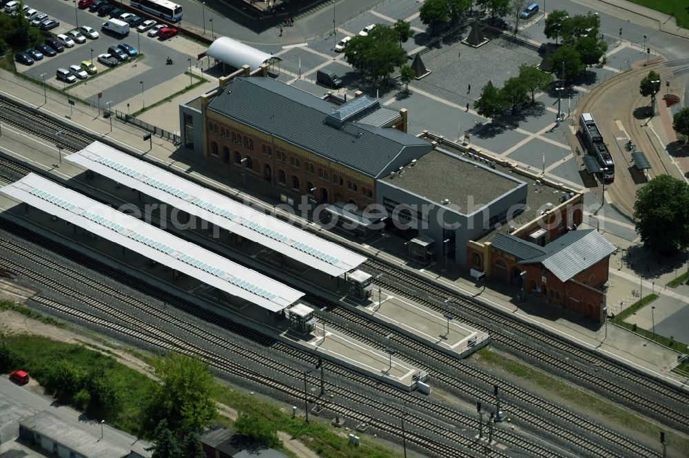 Halberstadt from above - Track progress and building of the main station of the railway in Halberstadt in the state Saxony-Anhalt