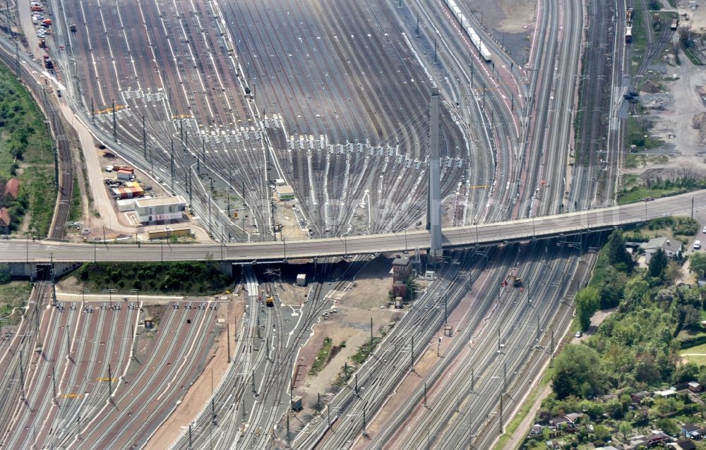 Halle (Saale) from above - Track progress and building of the main station of the railway in Halle (Saale) in the state Saxony-Anhalt