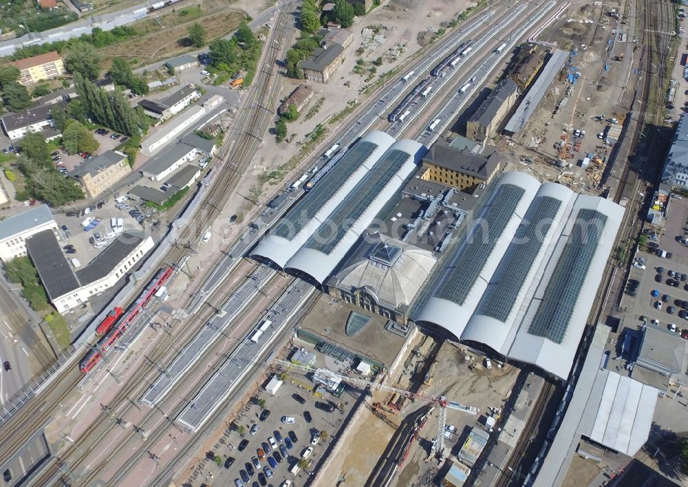 Halle (Saale) from above - Track progress and building of the main station of the railway in Halle (Saale) in the state Saxony-Anhalt, Germany