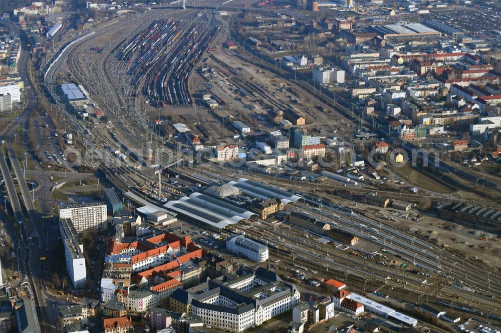 Halle (Saale) from above - Track progress and building of the main station of the railway in Halle (Saale) in the state Saxony-Anhalt, Germany