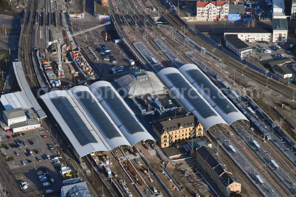 Halle (Saale) from above - Track progress and building of the main station of the railway in Halle (Saale) in the state Saxony-Anhalt, Germany