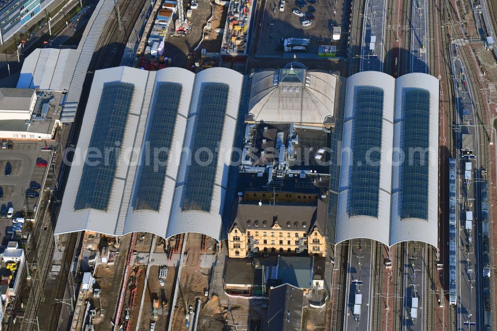 Halle (Saale) from above - Track progress and building of the main station of the railway in Halle (Saale) in the state Saxony-Anhalt, Germany