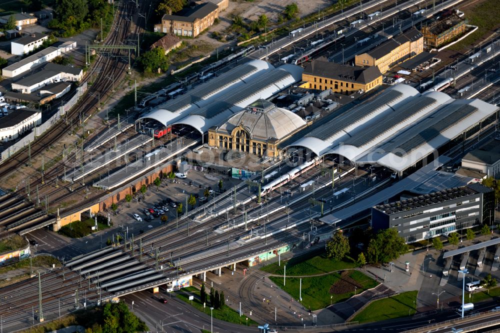 Halle (Saale) from above - Track progress and building of the main station of the railway in Halle (Saale) in the state Saxony-Anhalt, Germany