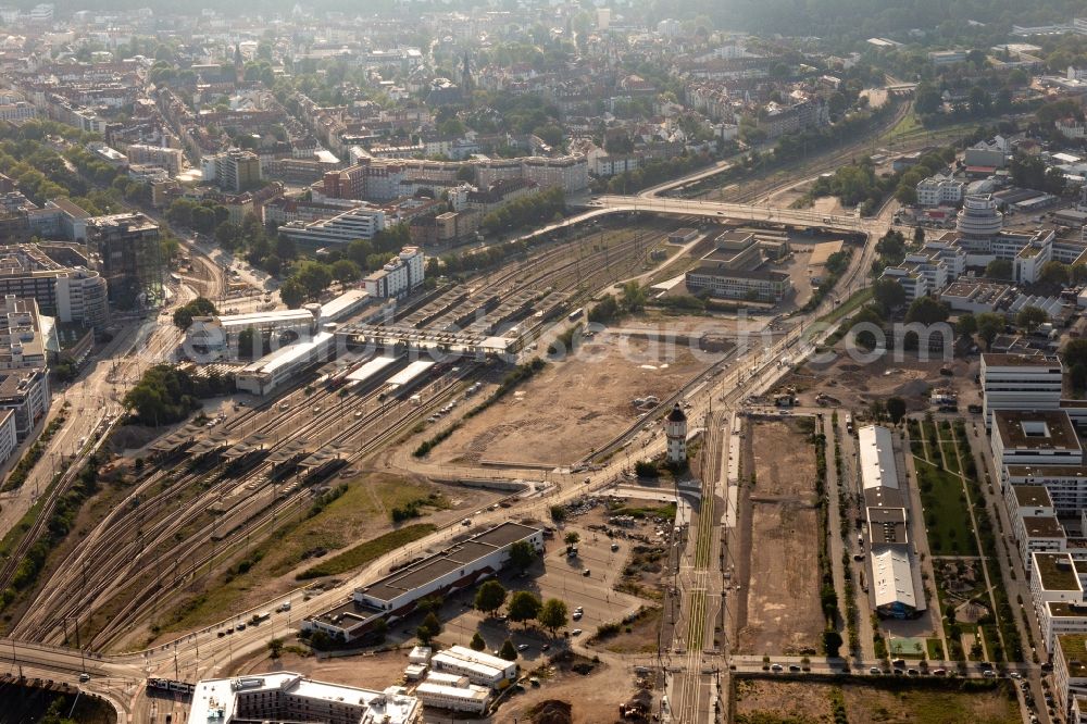 Aerial image Heidelberg - Track progress and building of the main station of the railway in Heidelberg in the state Baden-Wurttemberg, Germany