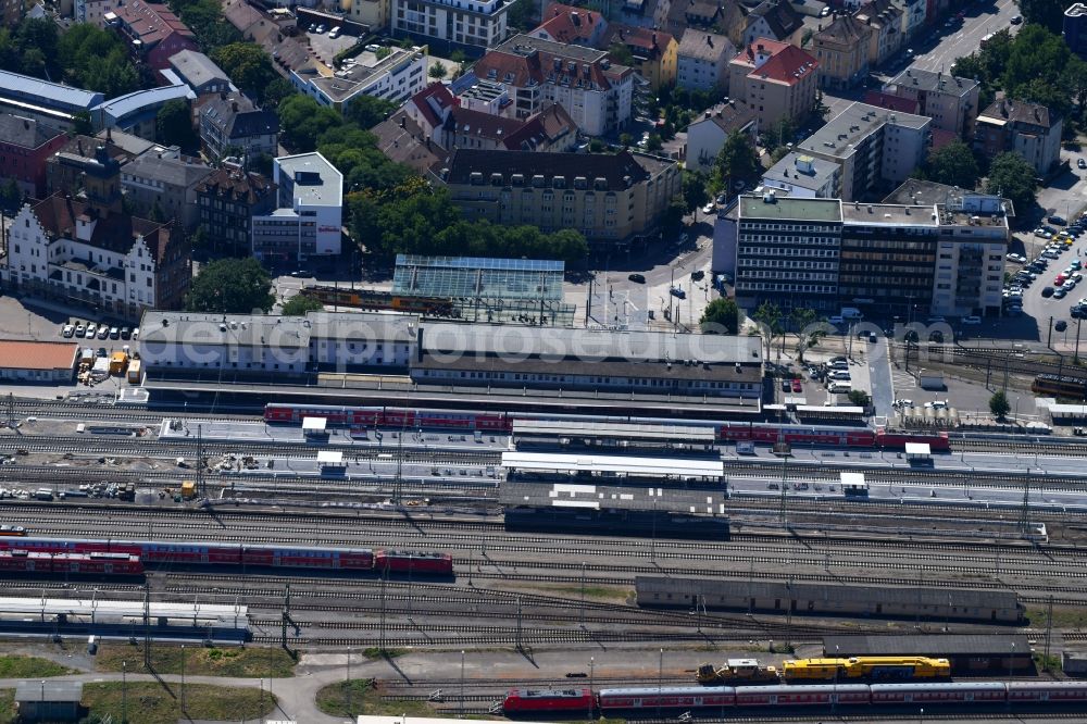 Heilbronn from above - Track progress and building of the main station of the railway in Heilbronn in the state Baden-Wurttemberg, Germany