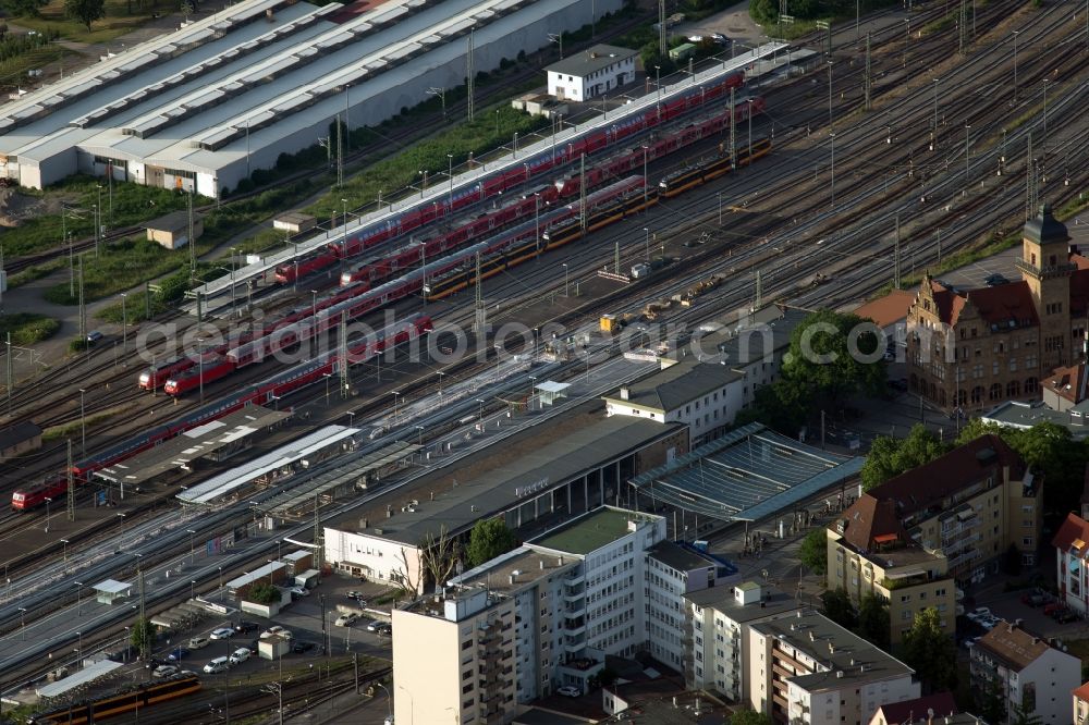 Heilbronn from above - Track progress and building of the main station of the railway in Heilbronn in the state Baden-Wurttemberg, Germany