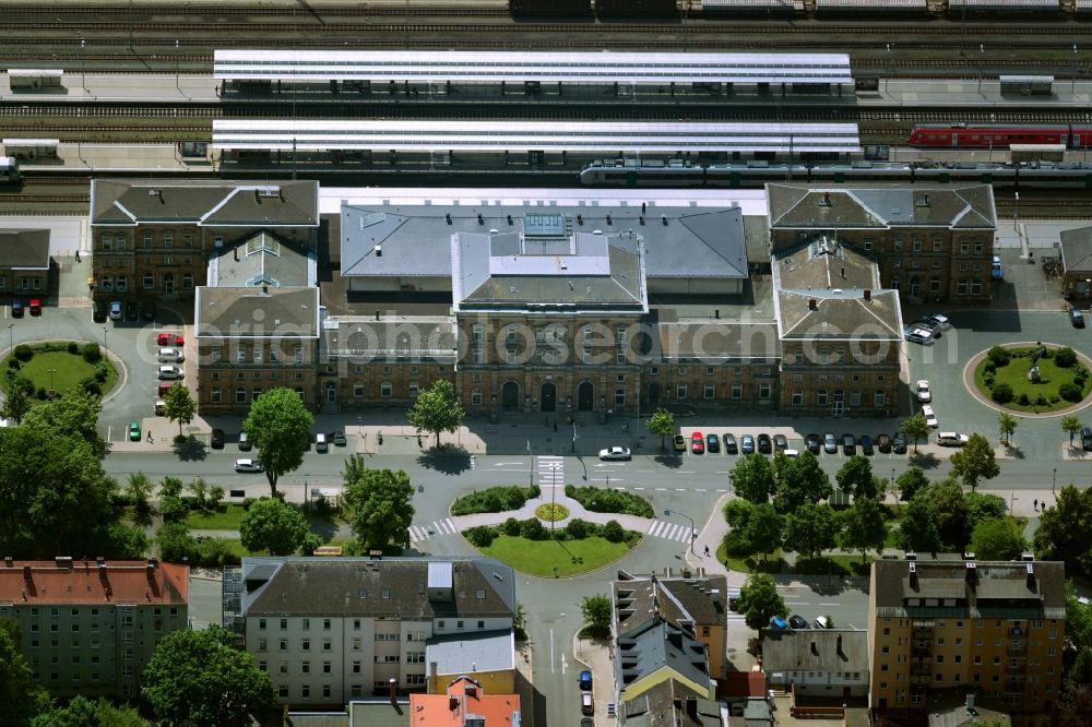 Hof from above - Track progress and building of the main station of the railway in Hof in the state Bavaria, Germany