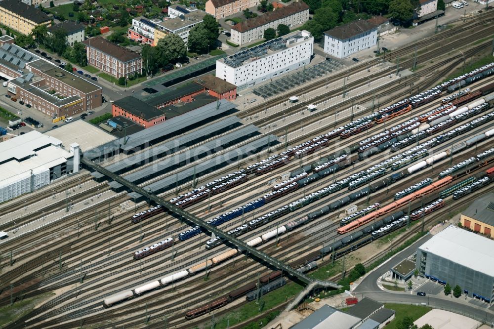 Ingolstadt from above - Track progress and building of the main station of the railway in Ingolstadt in the state Bavaria, Germany