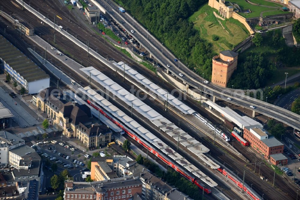 Koblenz from above - Track progress and building of the main station of the railway in Koblenz in the state Rhineland-Palatinate, Germany