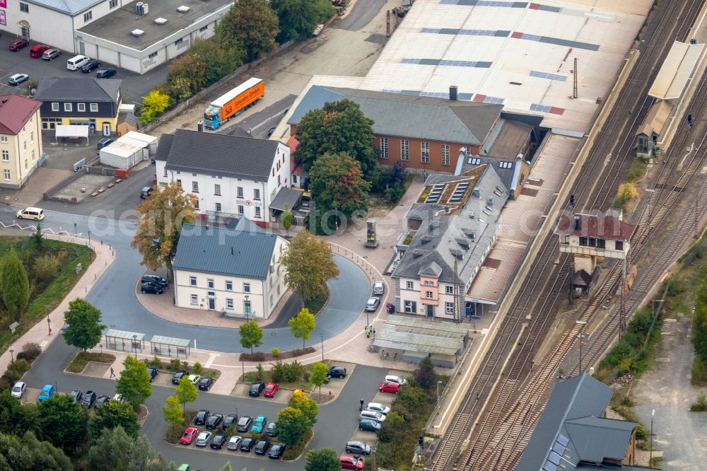 Kreuztal from above - Track progress and building of the main station of the railway in Kreuztal in the state North Rhine-Westphalia, Germany