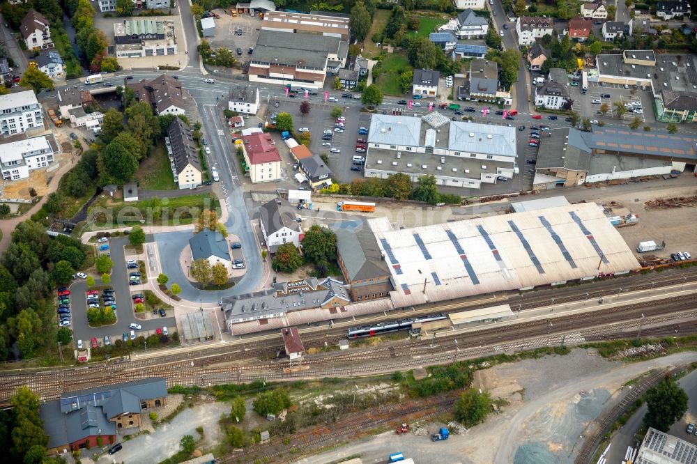 Kreuztal from above - Track progress and building of the main station of the railway in Kreuztal in the state North Rhine-Westphalia, Germany