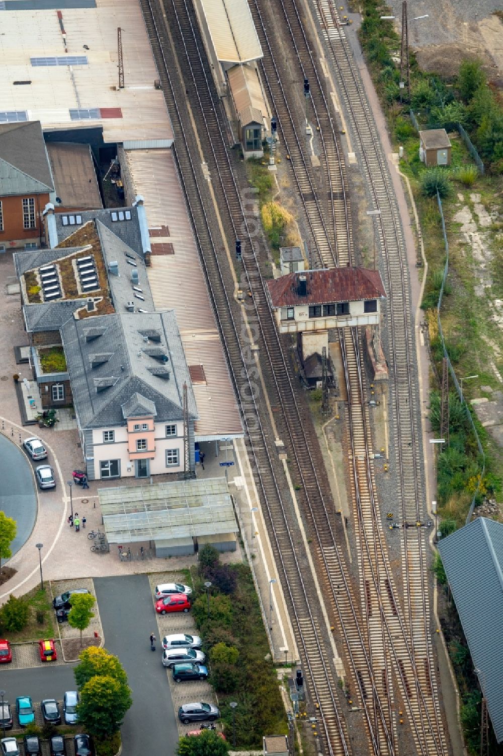 Kreuztal from above - Track progress and building of the main station of the railway in Kreuztal in the state North Rhine-Westphalia, Germany