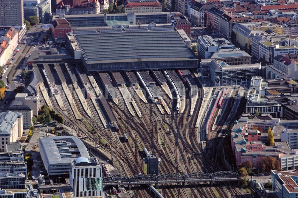 München from above - View from the west to track from the hacker bridge to the building of the main station of the Deutsche Bahn in Munich in the state Bavaria