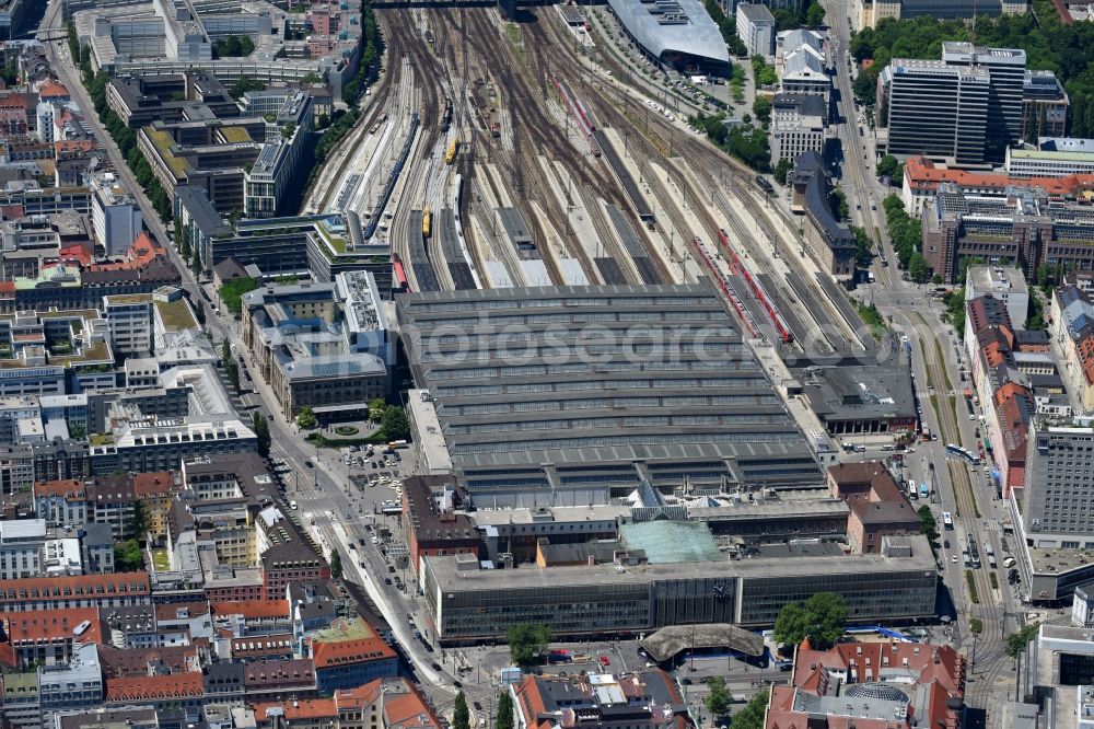 München from above - View from the west to track from the hacker bridge to the building of the main station of the Deutsche Bahn in Munich in the state Bavaria