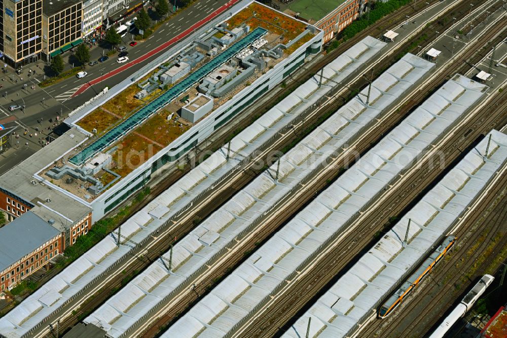 Aerial image Münster - Track progress and building of the main station of the railway of Deutsche Bahn in Muenster in the state North Rhine-Westphalia, Germany