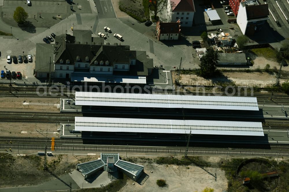 Neubrandenburg from above - Track progress and building of the main station of the railway in Neubrandenburg in the state Mecklenburg - Western Pomerania, Germany