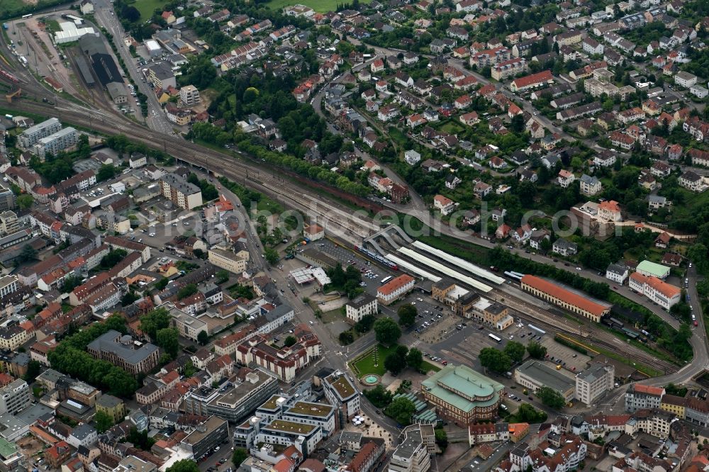 Neustadt an der Weinstraße from above - Track progress and building of the main station of the railway in Neustadt an der Weinstrasse in the state Rhineland-Palatinate, Germany