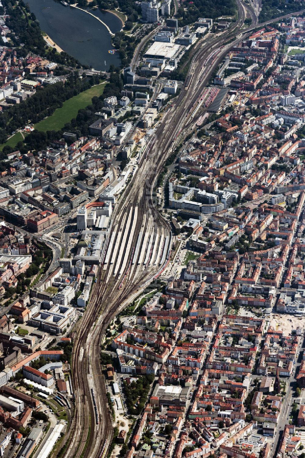 Aerial photograph Nürnberg - Track progress and building of the main station of the railway in Nuremberg in the state Bavaria, Germany