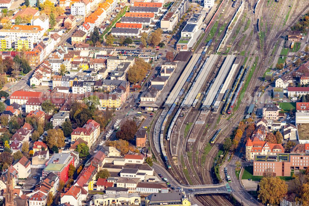 Offenburg from above - Track progress and building of the main station of the railway in Offenburg in the state Baden-Wuerttemberg