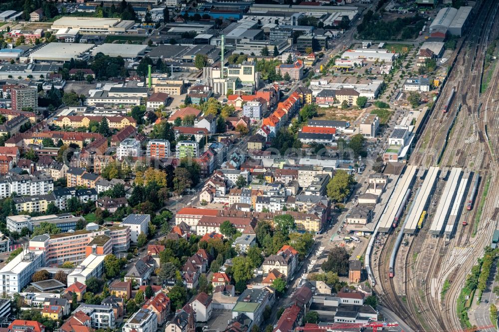 Aerial image Offenburg - Track progress and building of the main station of the railway in Offenburg in the state Baden-Wurttemberg, Germany