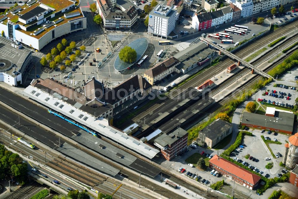 Osnabrück from above - Track progress and building of the main station of the railway in Osnabrueck in the state Lower Saxony, Germany