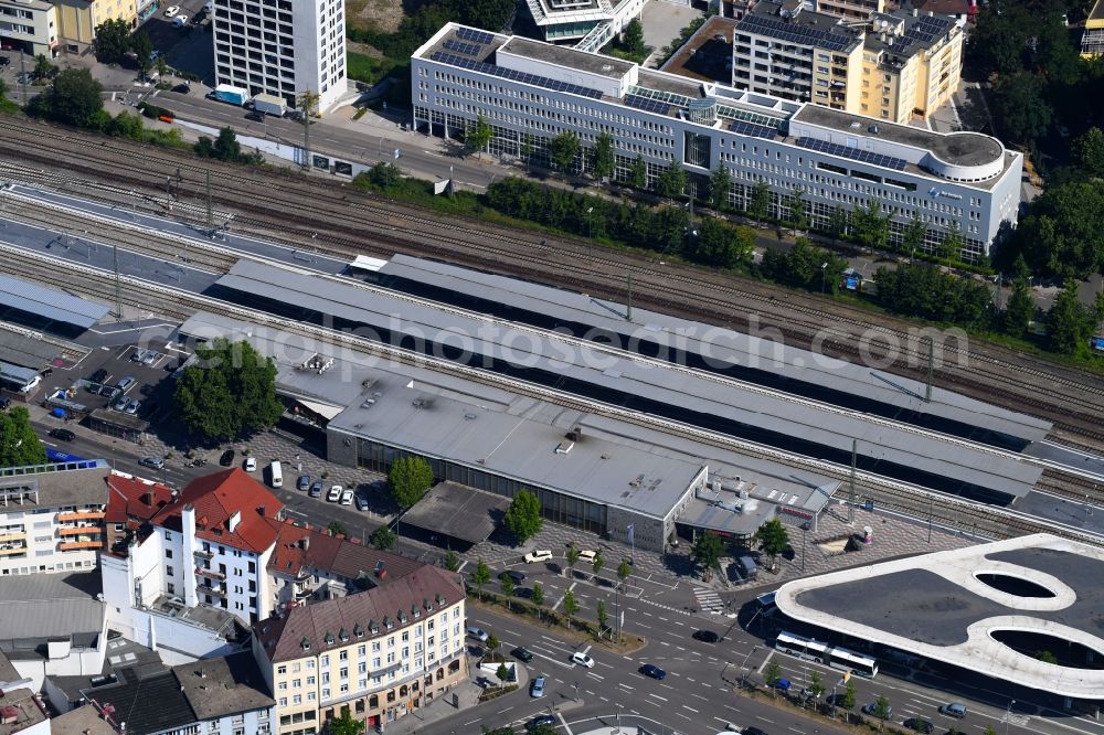 Pforzheim from above - Track progress and building of the main station of the railway in Pforzheim in the state Baden-Wurttemberg, Germany