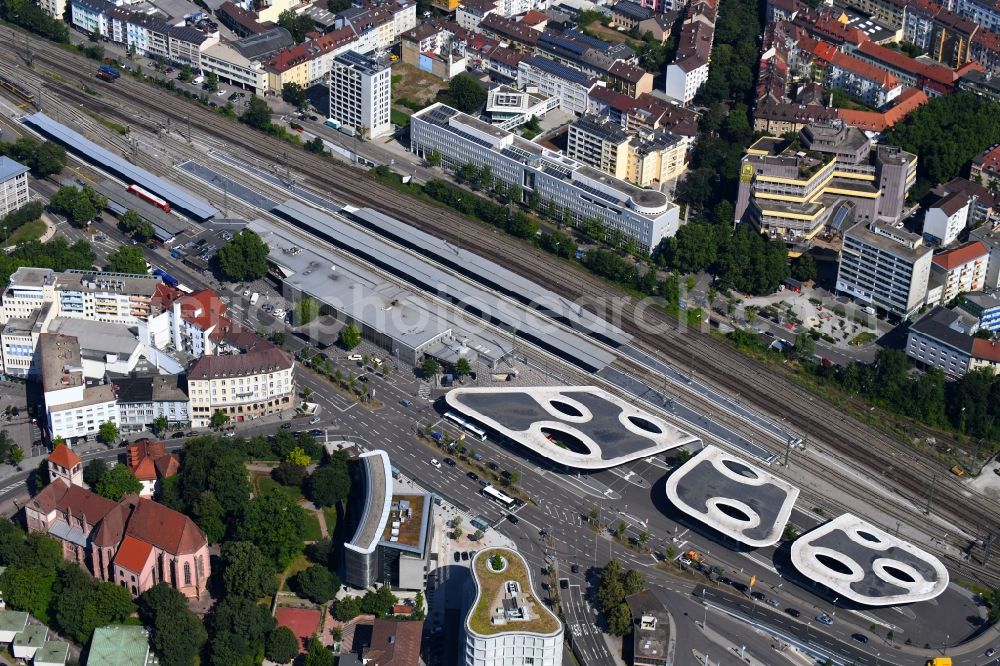 Aerial image Pforzheim - Track progress and building of the main station of the railway in Pforzheim in the state Baden-Wurttemberg, Germany