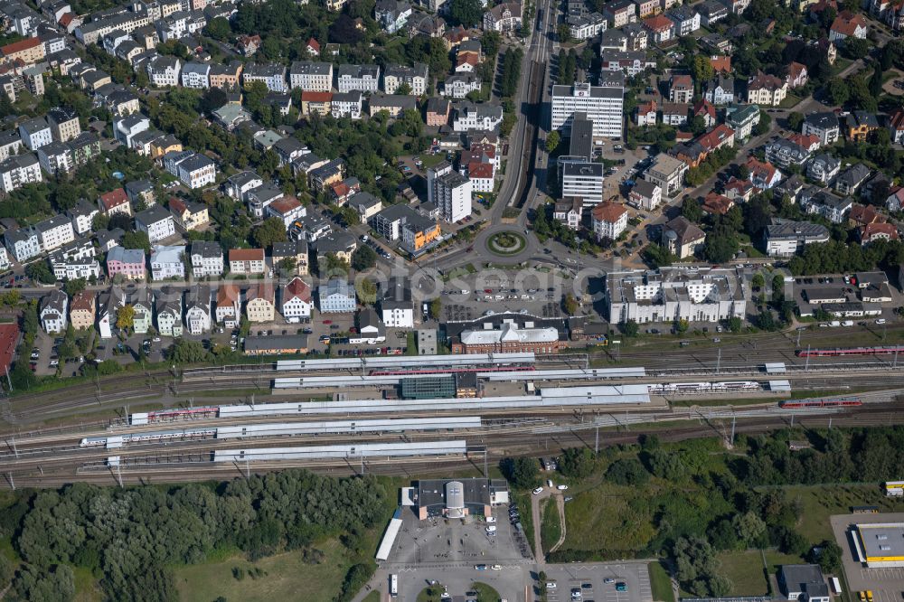 Rostock from above - track progress and building of the main station of the railway in Rostock in the state , Germany