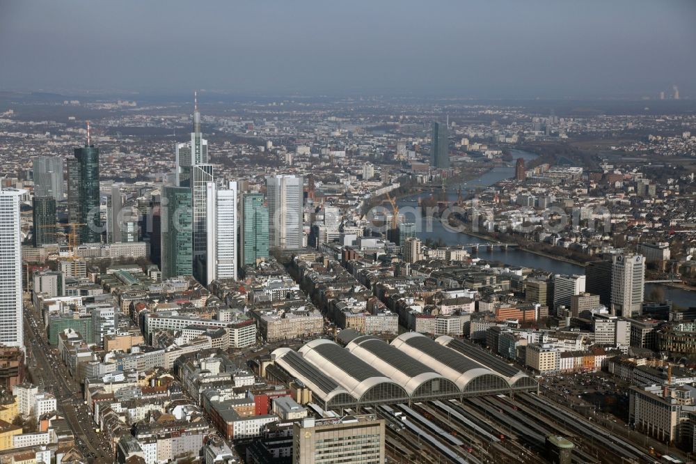 Frankfurt am Main from above - View of the Central Station Deutsche Bahn against the skyline of Frankfurt am Main in Hesse