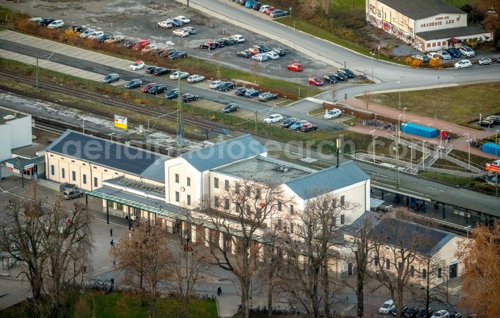 Soest from above - Track progress and building of the main station of the railway in Soest in the state North Rhine-Westphalia, Germany