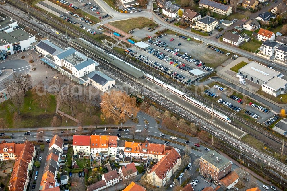 Soest from the bird's eye view: Track progress and building of the main station of the railway in Soest in the state North Rhine-Westphalia, Germany