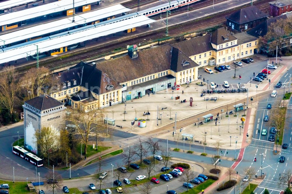 Wanne-Eickel from above - Track progress and building of the main station of the railway in Wanne-Eickel in the state North Rhine-Westphalia, Germany