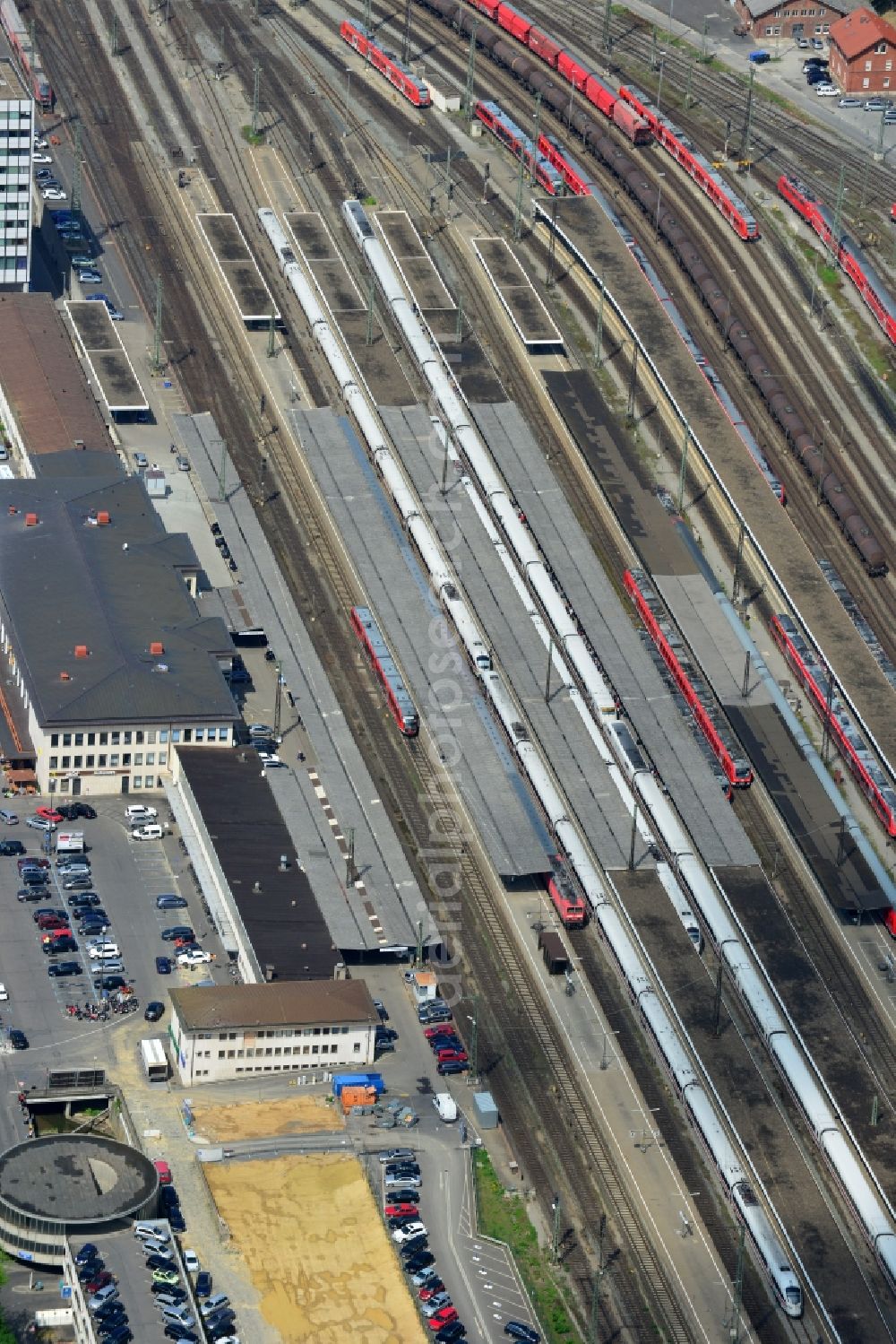 Würzburg from the bird's eye view: Track progress and building of the main station of the railway in Wuerzburg in the state Bavaria