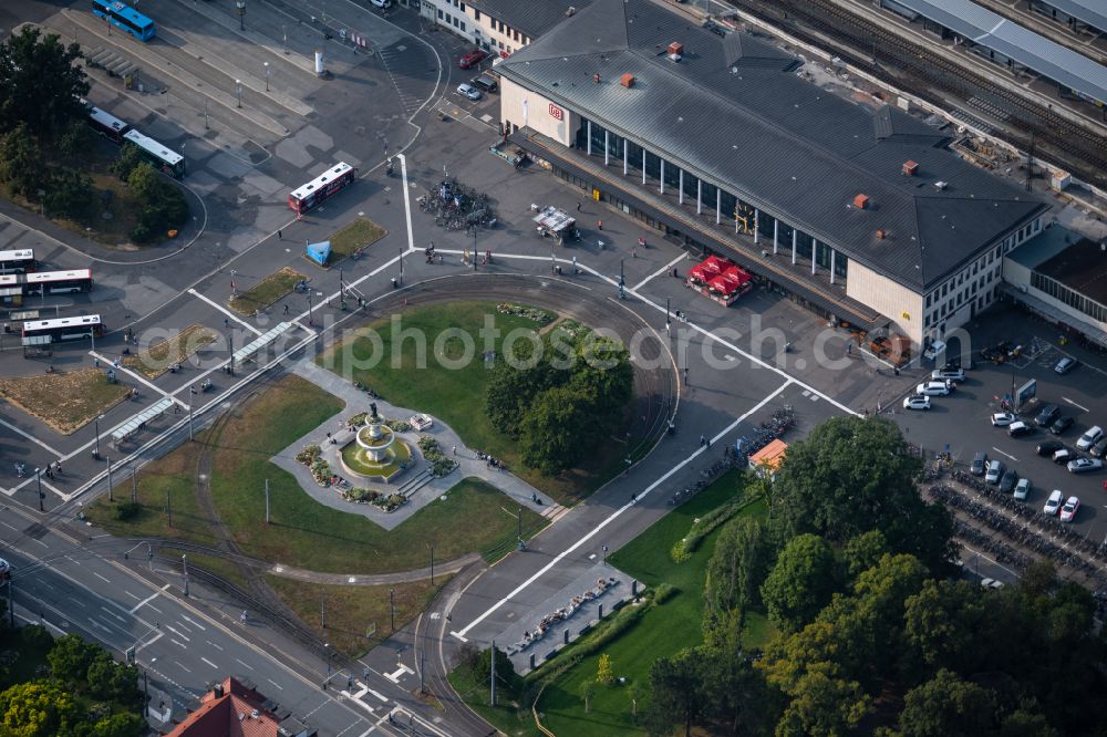 Würzburg from above - Track progress and building of the main station of the railway in the district Altstadt in Wuerzburg in the state Bavaria, Germany