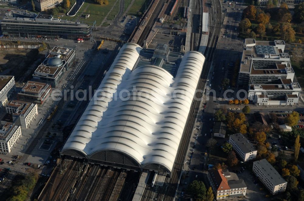 Dresden from above - Track progress and building of the main station of the railway in Dresden in the state Saxony, Germany