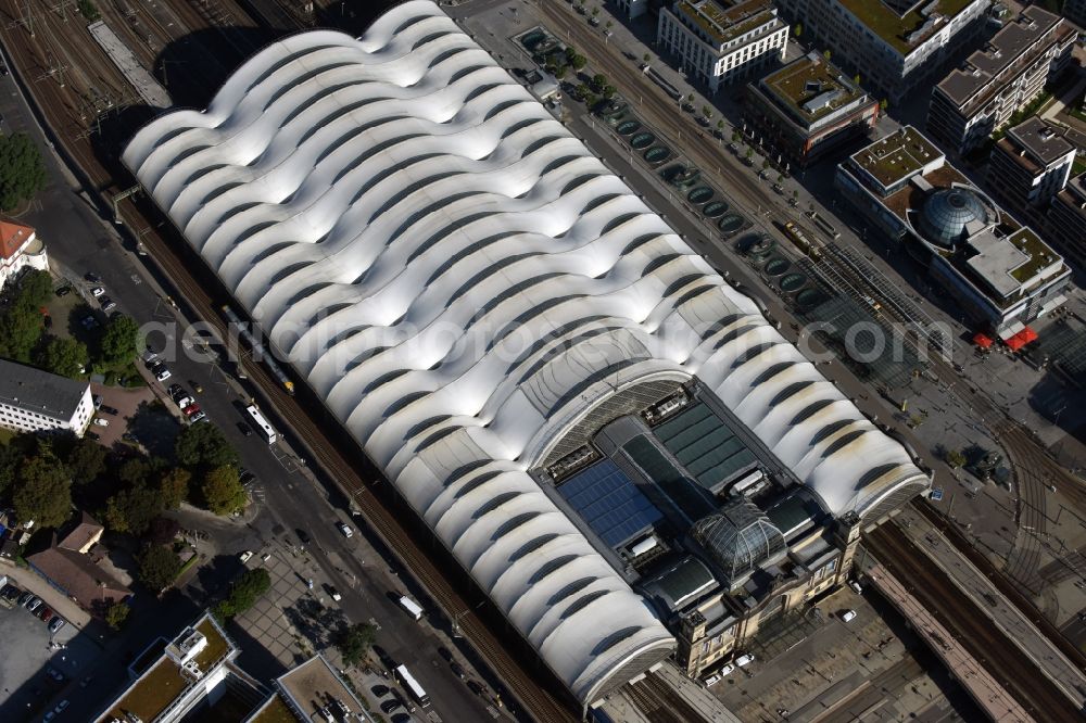 Dresden from above - Track progress and building of the main station of the railway in Dresden in the state Saxony, Germany