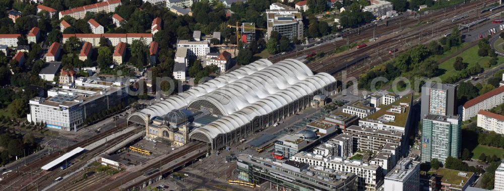 Dresden from above - Track progress and building of the main station of the railway in Dresden in the state Saxony, Germany