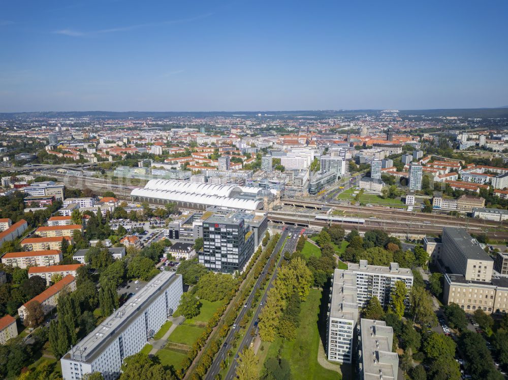 Dresden from above - Track progress and building of the main station of the railway in Dresden in the state Saxony, Germany