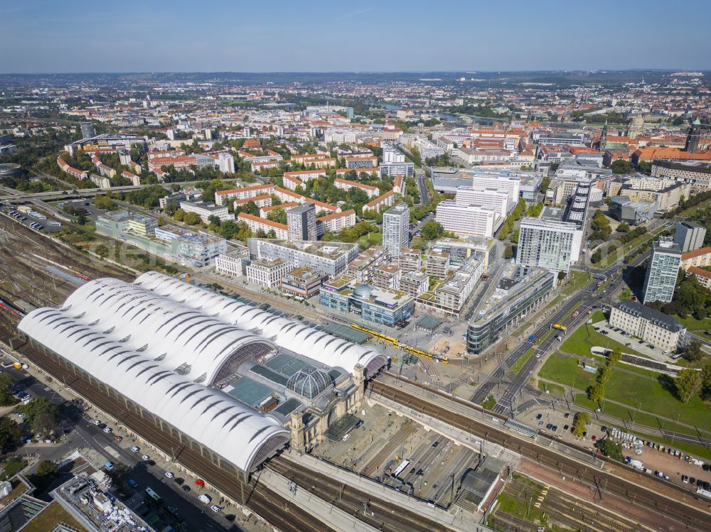 Dresden from above - Track progress and building of the main station of the railway in Dresden in the state Saxony, Germany