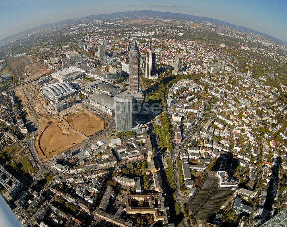 Frankfurt am Main from the bird's eye view: Fish Eye- Blick auf die Innenstadt mit dem Stadtzentrum am Frankfurter Hauptbahnhof, dem größten Kopfbahnhof der Deutschen Bahn. View of the Frankfurt Central Station, the largest terminal station of the Deutsche Bahn.