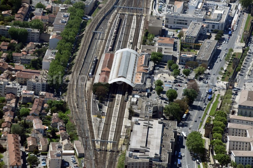 Aerial image Avignon - Track progress and building of the main station of the french railway in Avignon in Provence-Alpes-Cote d'Azur, France