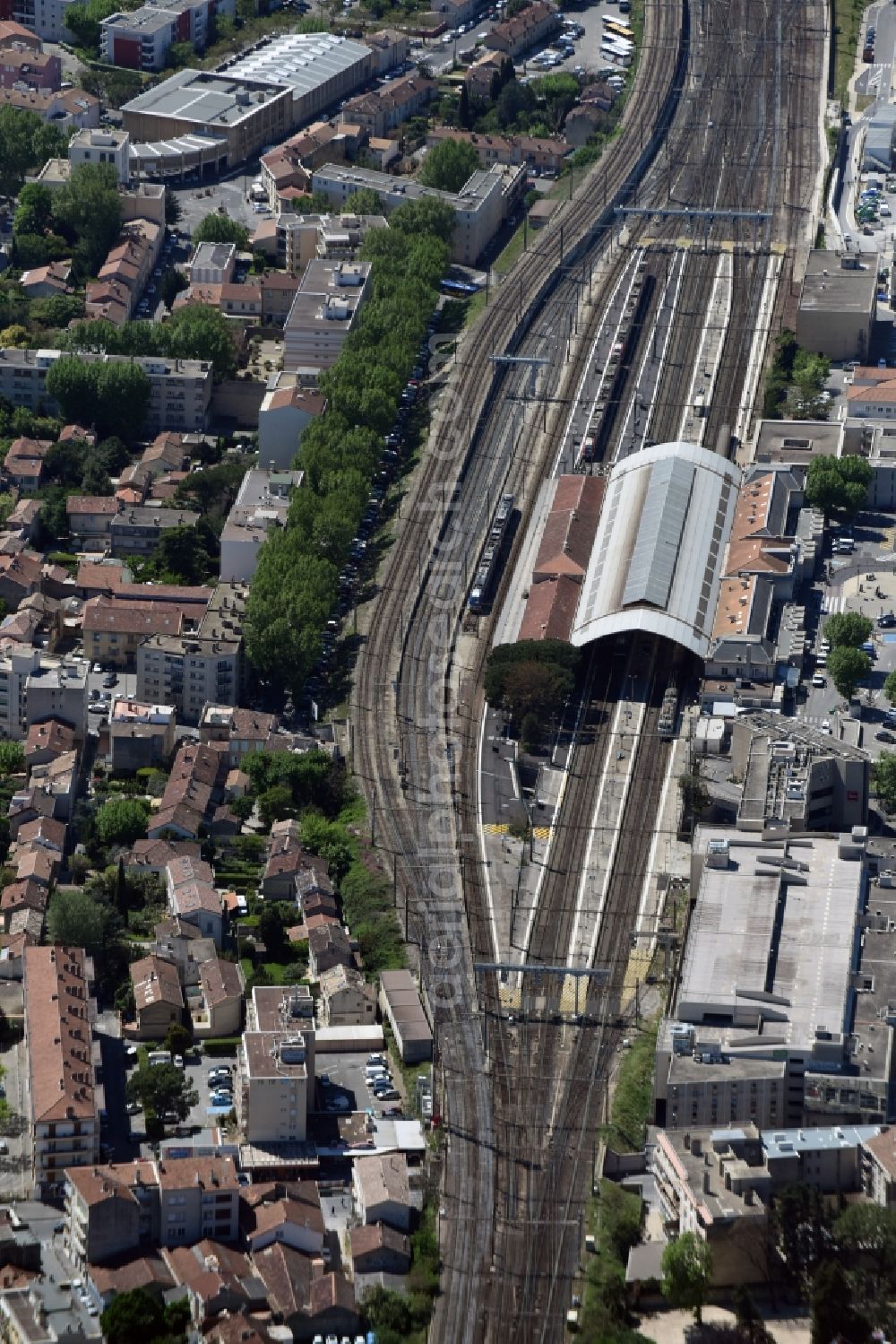 Avignon from above - Track progress and building of the main station of the french railway in Avignon in Provence-Alpes-Cote d'Azur, France