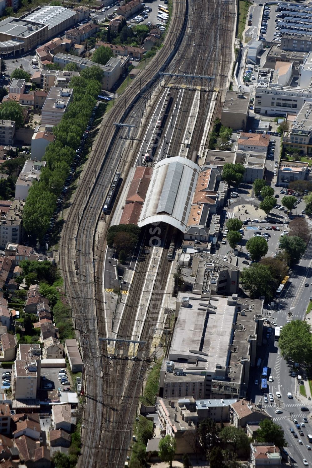 Avignon from the bird's eye view: Track progress and building of the main station of the french railway in Avignon in Provence-Alpes-Cote d'Azur, France