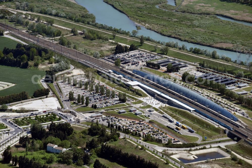 Avignon from above - Track progress and building of the main station of the SNCF- railway in Avignon in Provence-Alpes-Cote d'Azur, France