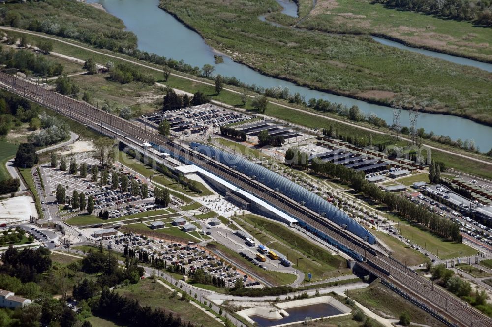 Avignon from the bird's eye view: Track progress and building of the main station of the SNCF- railway in Avignon in Provence-Alpes-Cote d'Azur, France