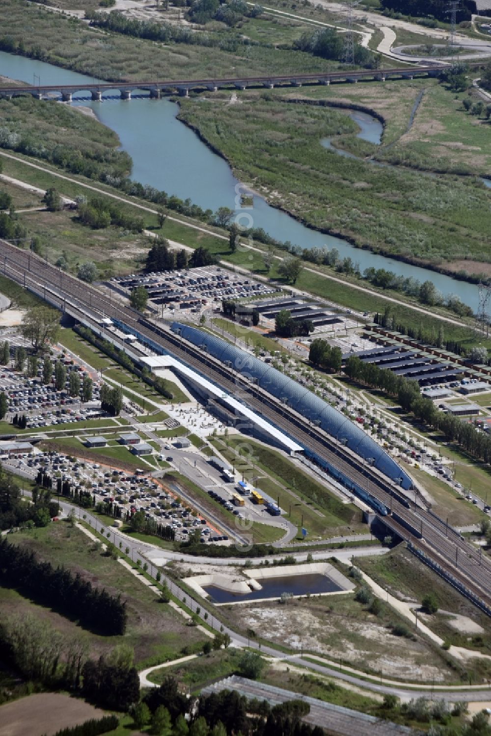 Aerial image Avignon - Track progress and building of the main station of the SNCF- railway in Avignon in Provence-Alpes-Cote d'Azur, France