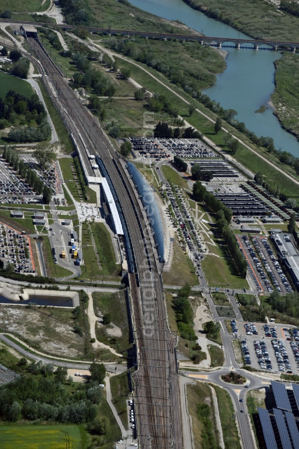 Avignon from above - Track progress and building of the main station of the SNCF- railway in Avignon in Provence-Alpes-Cote d'Azur, France