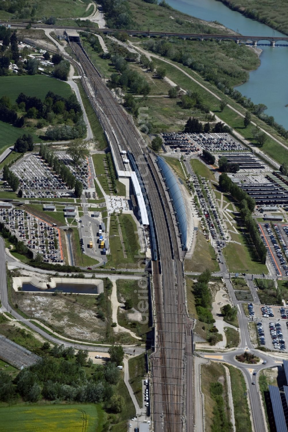 Avignon from the bird's eye view: Track progress and building of the main station of the SNCF- railway in Avignon in Provence-Alpes-Cote d'Azur, France